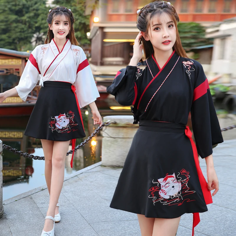 

Японские кимоно/Hanfu женские Черный и Белый Кот корейский стиль, юбка с вышивкой в стиле ретро Азиатский костюм Yukata Haori Косплэй вечерние комплект из 2-х предметов