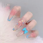 Небесно-Голубое облако накладные ногти длинная балерина бабочка переводная картинка гроб Популярные отпечатки пальцев блестящие стразы искусственные ногти