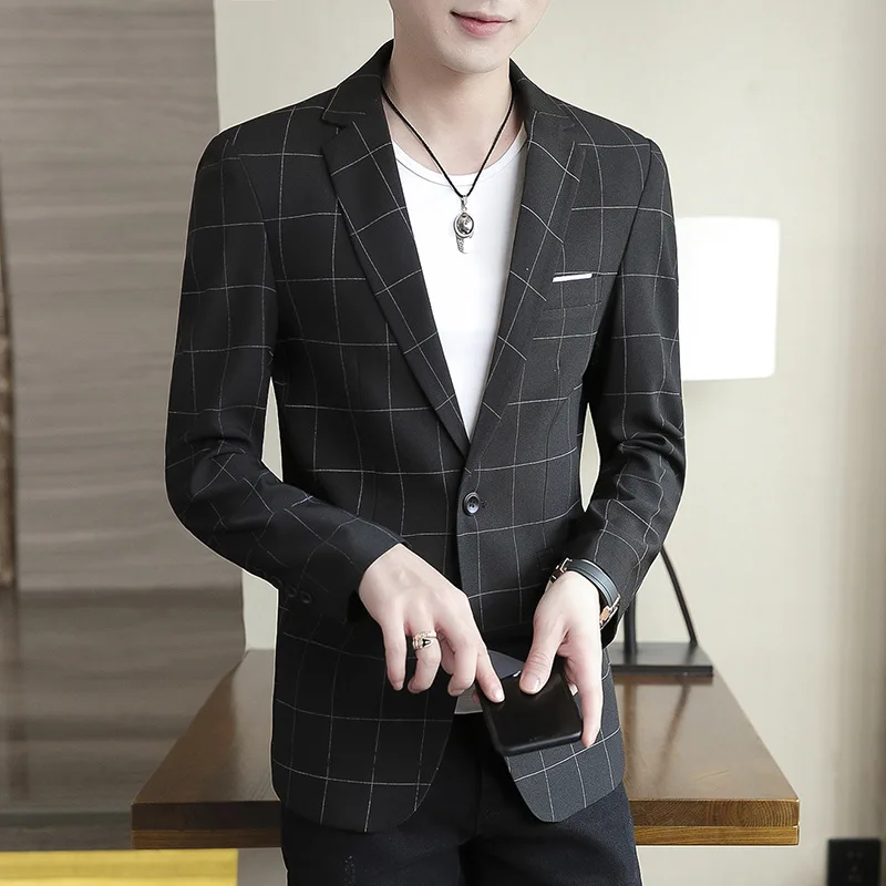 

2021 Men's Slim Fit Autumn Thick Plaid Suit Youth Handsome All-Match blazer