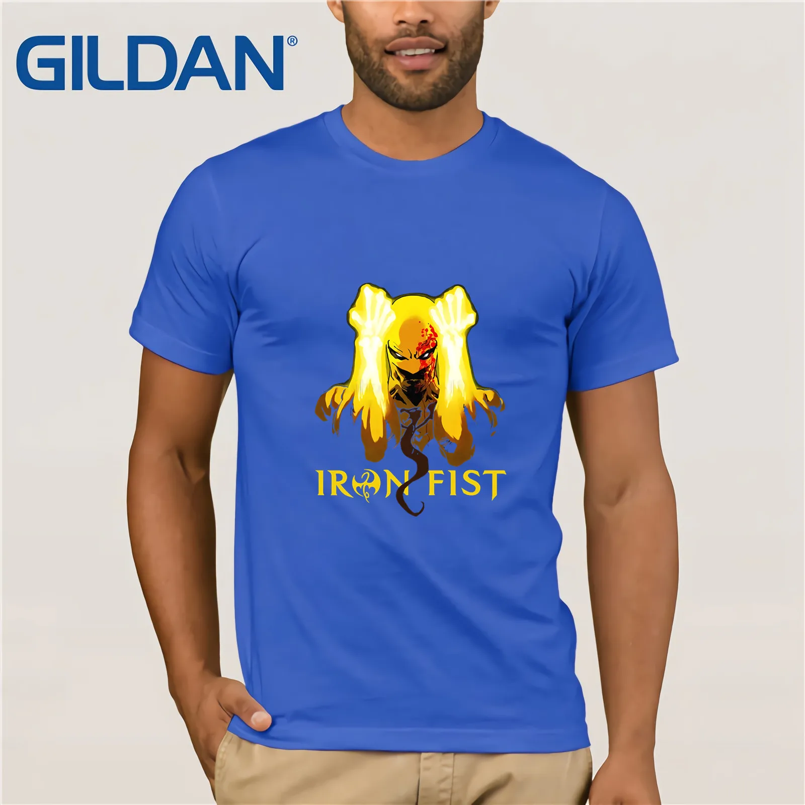 Железный кулак логотип защитник супер герой Футболка мужская Черная Размер: S-3XL