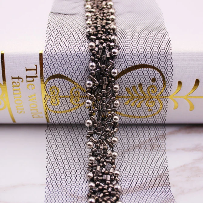 10 ярдов ручной работы белый черный серый бисер кружевной отделкой лента-сетка