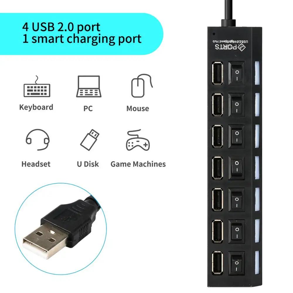 7-портовый USB-Разветвитель USB 2 0 3 хаб с выключателем питания высокоскоростной