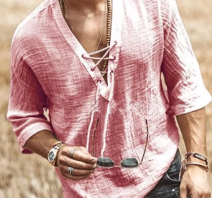 Рубашка мужская с коротким рукавом повседневная из хлопка и льна свободная