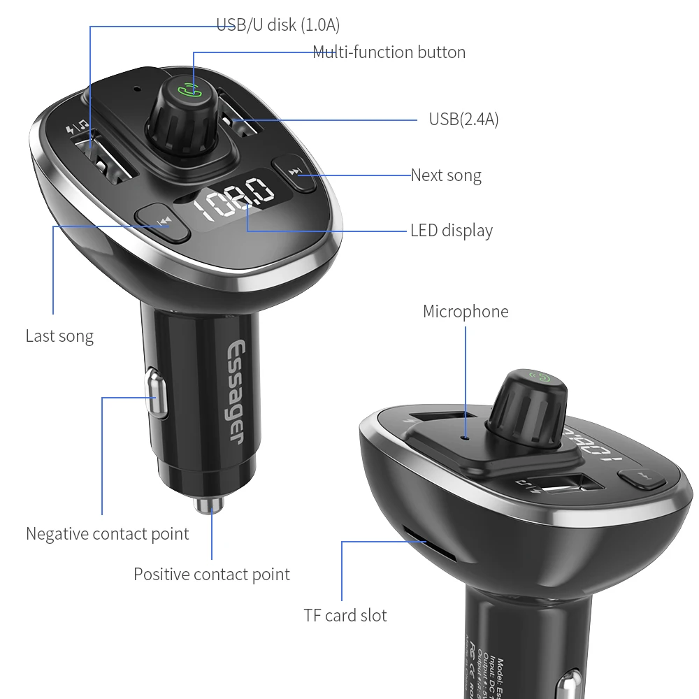 Автомобильное зарядное устройство Essager USB для телефона Bluetooth громкая связь