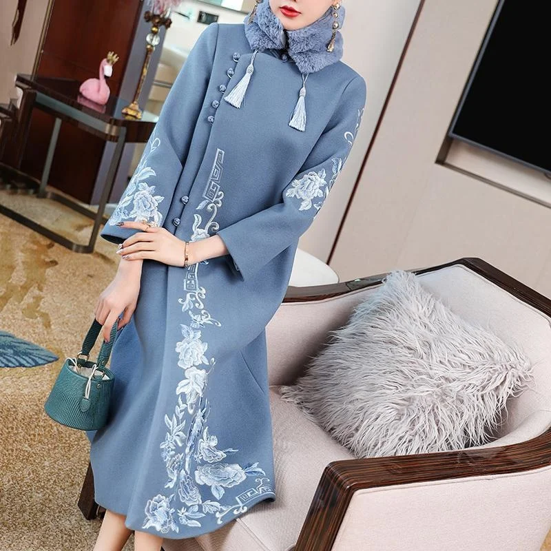 

Chinese Style Harajuku Cheongsam Women Coat Vintage Embroidery Long Jacket Tang Suit Winter Outerwear Female 2022 New Loose
