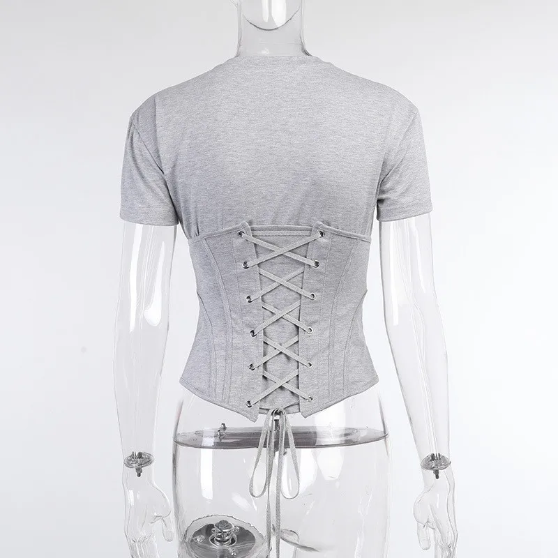 

Ahagaga Spring Skinny Short T-shirts Tees Women Crop Top Fashion Short Sleeve Streetwear Casual Tops With Corset Female Blusas