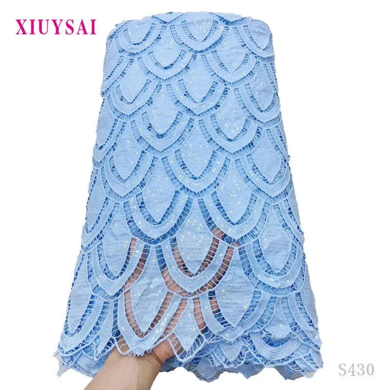 

Latest Hollow Out Guipure Cord Laces Blue Bridal Dress Water Soluble Cord Lace Fabrics With Sequins For Wedding 5 Yards SL430