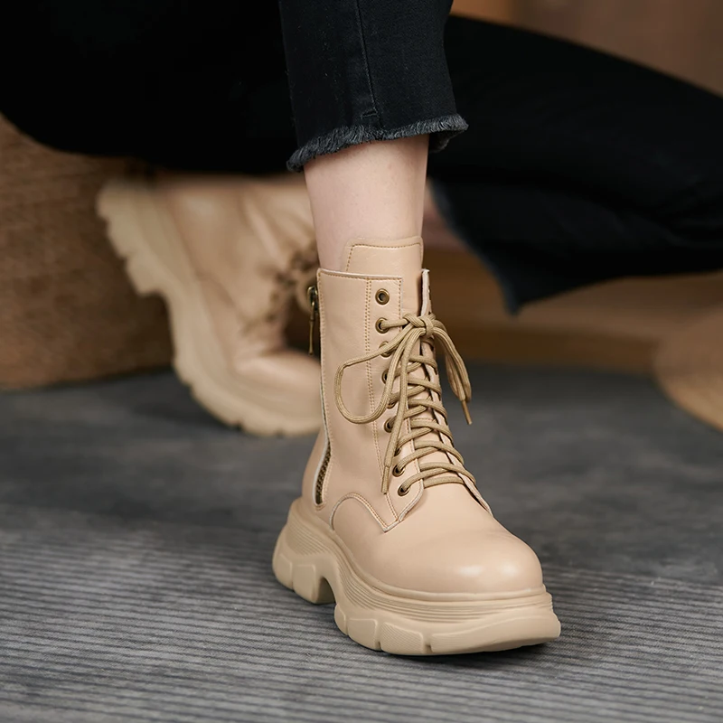 

2021 New Genuine Leather Winter Women Boots Fashion Round Toe Chunky Heel ANKLE Boots Platform Shoes Women Shoes Modern