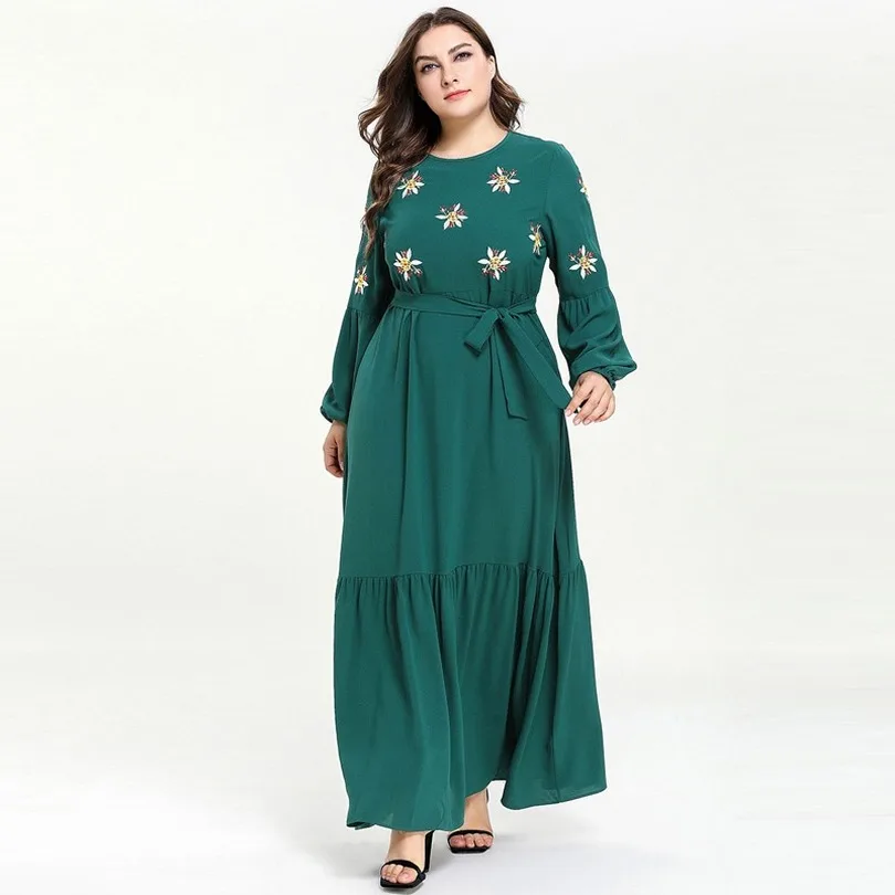 Quality Big Size Women Green Floral Embroidery Pleated Maxi Dress Long Lantern Sleeve Boho Belted Dresses Muslim Abaya 4XL |