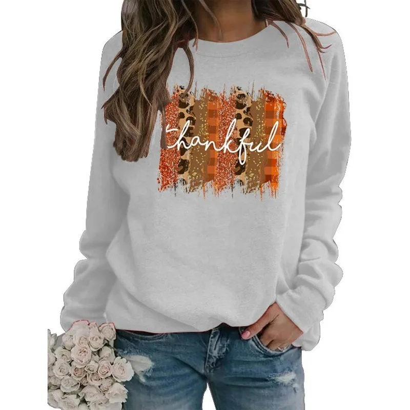 

Leopard Thankful Letter Printed Hoodies Women Fleece Long Sleeve O Neck Loose Sweatshirt Girls Women Hoodie Pullovers Winter