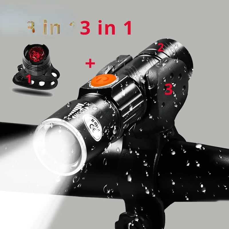 

3 in1 8000 Lumen Bike Bicycle Light Set USB rechargeable LED Waterproof Super Bright Zoom Headlight Rear light MTB Bike Light