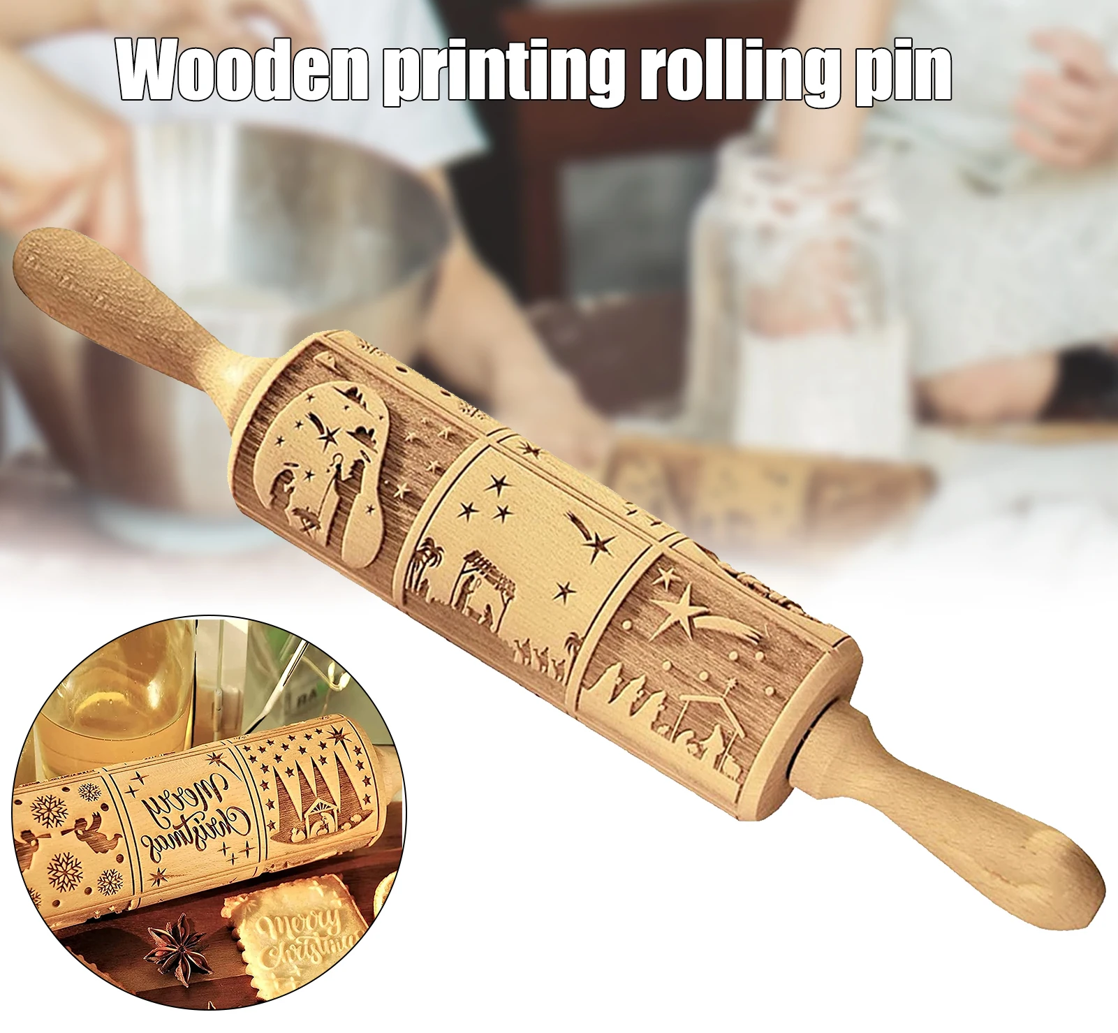 

Nativity Engraved Rolling Pin Non-Stick Wooden Embossed Dough Roller Rolling Pins for Cookies Pies Clay Kitchen Tool ALS88