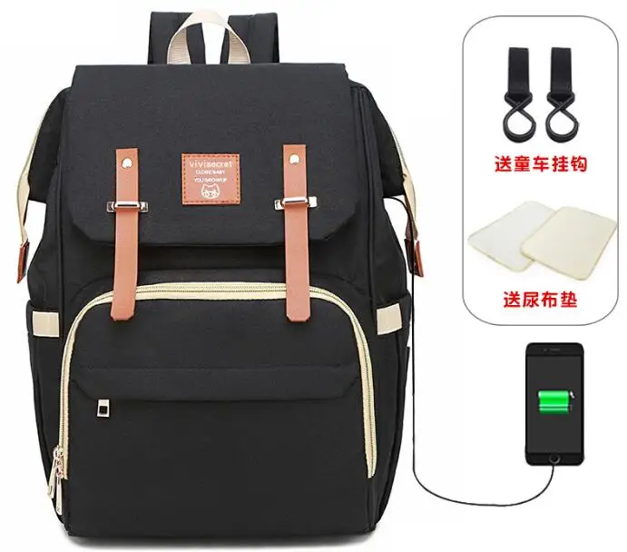 Сумка для детских подгузников, рюкзак для мамы, папы, USB, рюкзак для коляски, сумка для подгузников, водонепроницаемая сумка Оксфорд, сумки для кормления, комплекты, сумки для беременных - Цвет: black