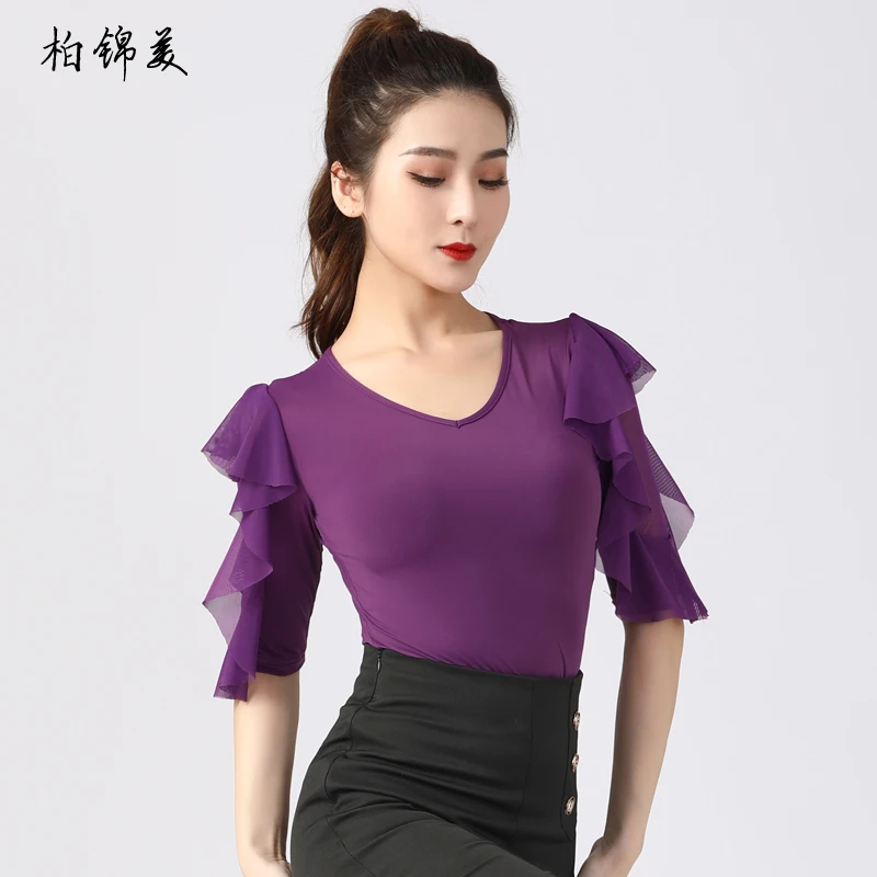 

Latin dance shirt female adult new modern dance performance costume competition national standard V-neck lotus sleeve competitio