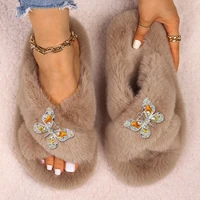 womens slippers fluffy flip flops furry slides three color bow drip oil slippers flat faux fur sandals female platform shoes