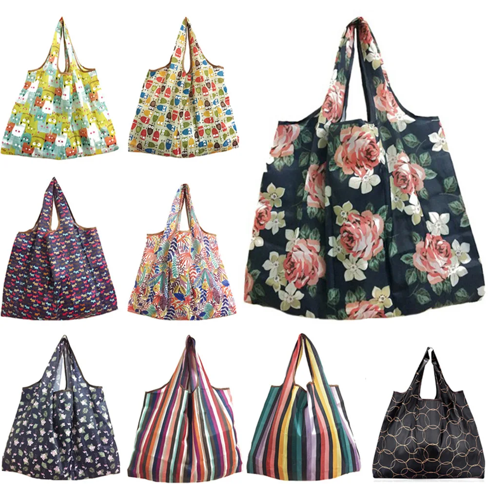 

Lady Foldable Shopping Pouch Printing Grocery Bag Reusable Cartoon Multicolor Floral Fruit Vegetable Tote Bag Recycle Eco Bag
