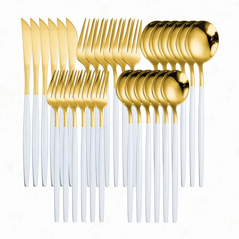 

Stainless Steel Tableware White and Gold Cutlery Set Kitchen Luxury Dinnerware Set Spoon Fork Knife 30pcs Dinner Set Complete