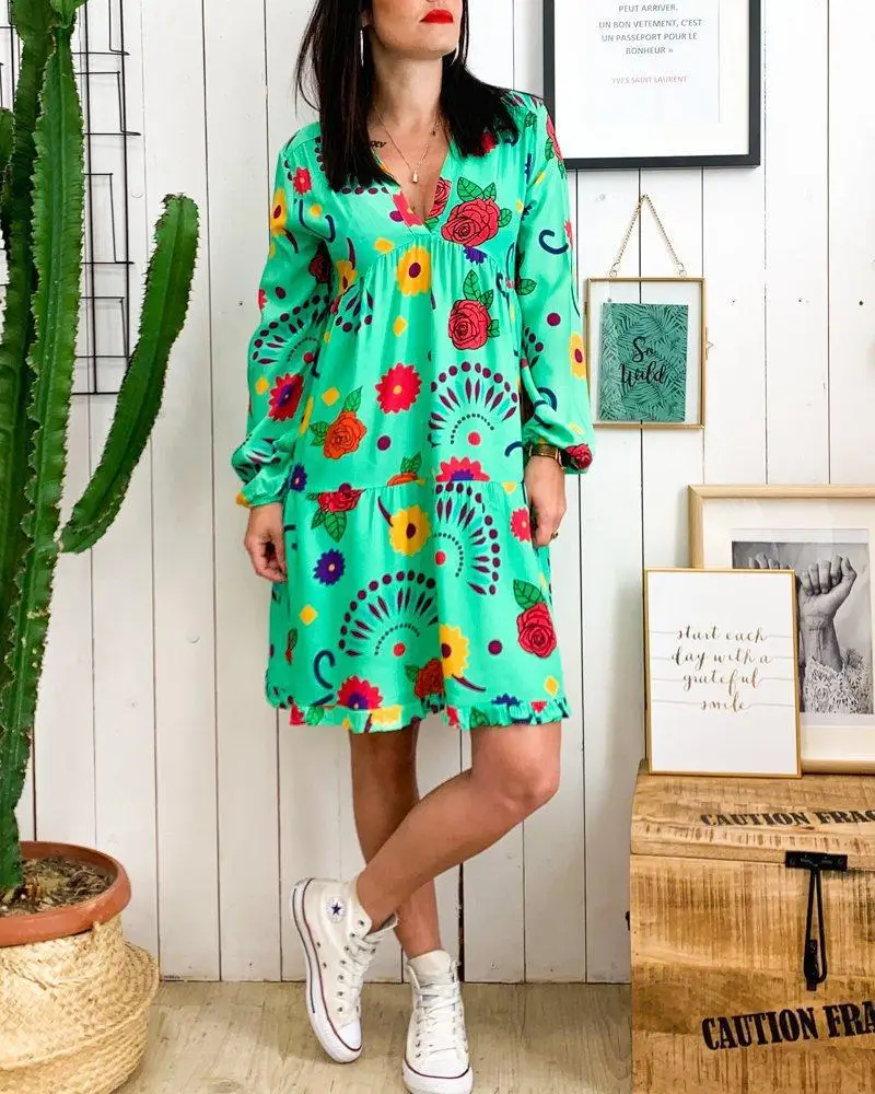 

Plus Size Boho Dress Summer Women Elegant Dresses V-Neck Long Sleeve Floral Beach Party Casual Loose Fashion Short Vestidos