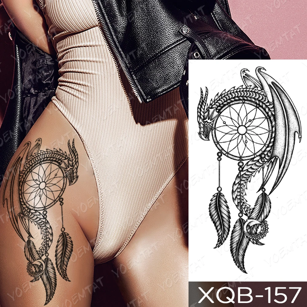 

Dragon Tattoo,Temporary Sticker Transferable Dreamcatcher Feather Black Tatoo Crotch Leg Waist Sexy Tatu Woman Girl Glitter Tato