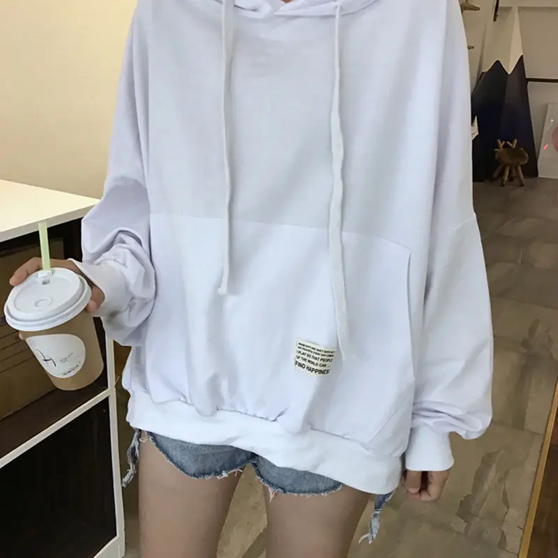 

With Hat Hoodies Women Students Plus Velvet Thicker Loose Korean Style Harajuku All-match Simple Fashion Leisure Solid Oversize