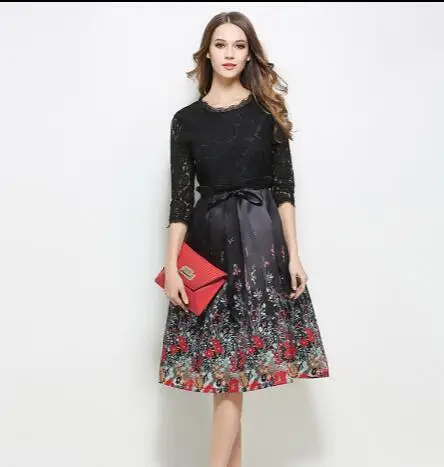 Women Summer Lace Dress Female Office Elegant Black Sundress Retro Robe Femme Sweet Fashion Vestidos Flower Print Clothing AW547 | Женская
