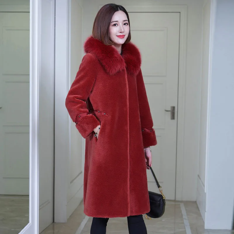 

WYWAN Women's particle sheep shearing coat mid-length 2020 new fox fur composite fur coat