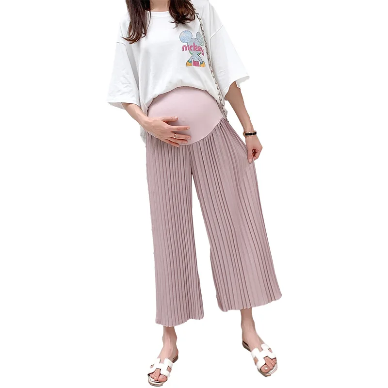 

638# Summer Thin Pleated Chiffon Maternity Pants Wide Leg Loose Belly Pants Clothes for Pregnant Women 7/10 Length Pregnancy