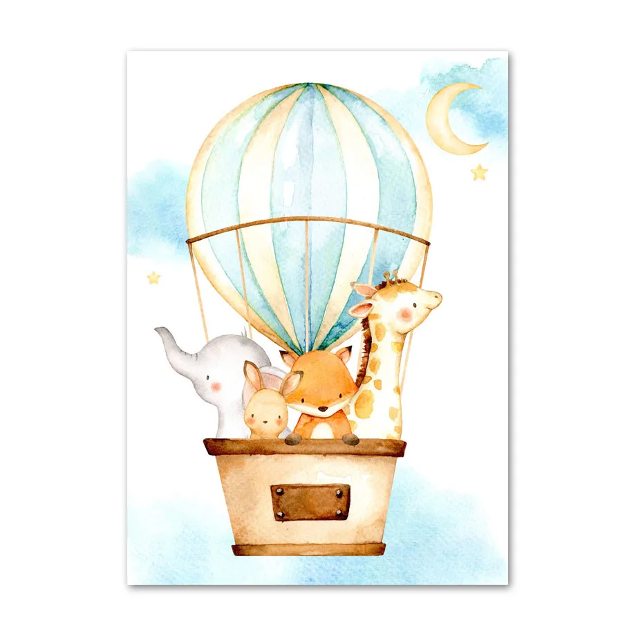 

Cartoon Fox Rabbit Giraffe Elephant Balloon Nordic Posters And Prints Canvas Painting Wall Art Pictures Kids Room Home Decor