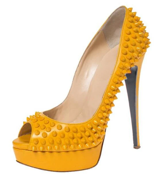 

Moraima Snc Yellow Rivets Studded High Heel Shoes Sexy Peep Toe 14cm Thin Heels Platform Pumps Women Party Dress Shoes