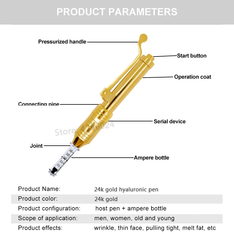 0.3ml Golden Painless Hyaluronic Pen Hyaluron Acid Injection Stainless High Pressure Atomizer for Lip Filling and Facial Lifting