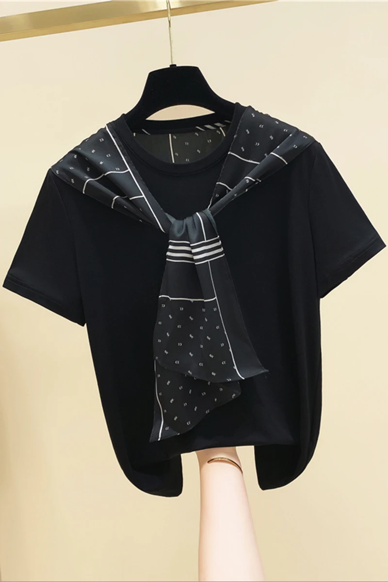 

2021 New Summer Silk Scarf Patchwork Loose Cotton O Neck Short-sleeved Casual Woman Tshirts