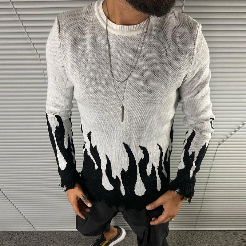 

Casual Long Sleeve O-Neck Sweaters 2021 Fashion Flame Jacquard Knitted Tops For Men Autumn Winter Mens Harajuku Slim Pullovers