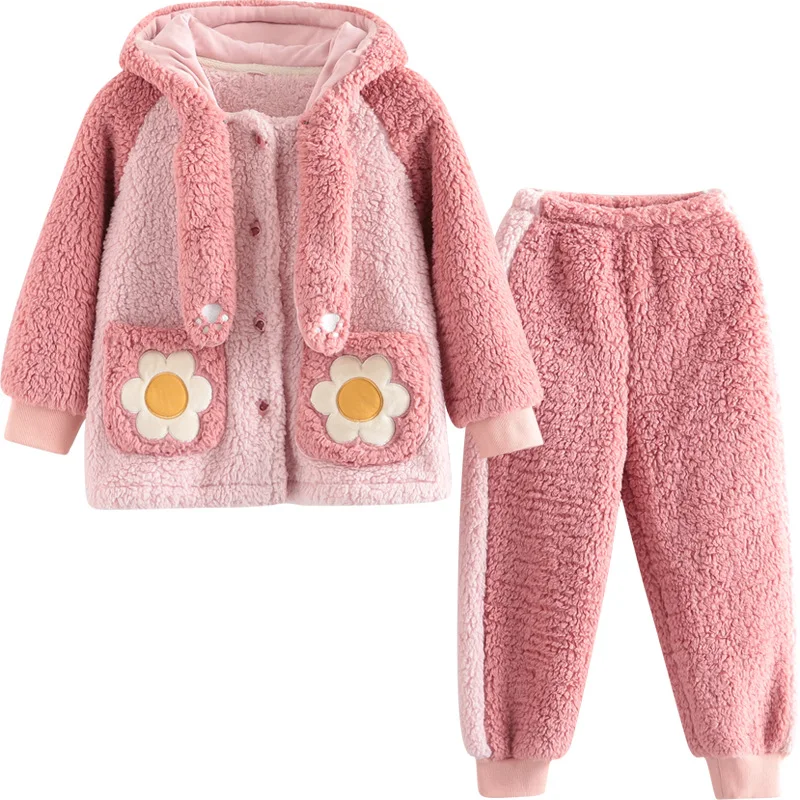 

Kids Girls Autumn Winter Warm Home Wear Funny Moving Ears Fleece Sleepwear Sets Children Girls Flower Pocket Pyjamas Sets