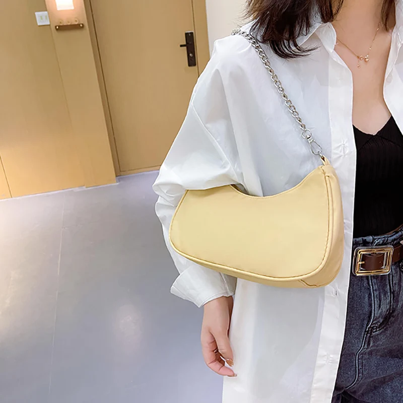 

Chains Fashion Nylon Women Baguette Bag 2021 New Design Retro Solid Color Ladies Underarm Handbags Girls Small Shoulder Bags