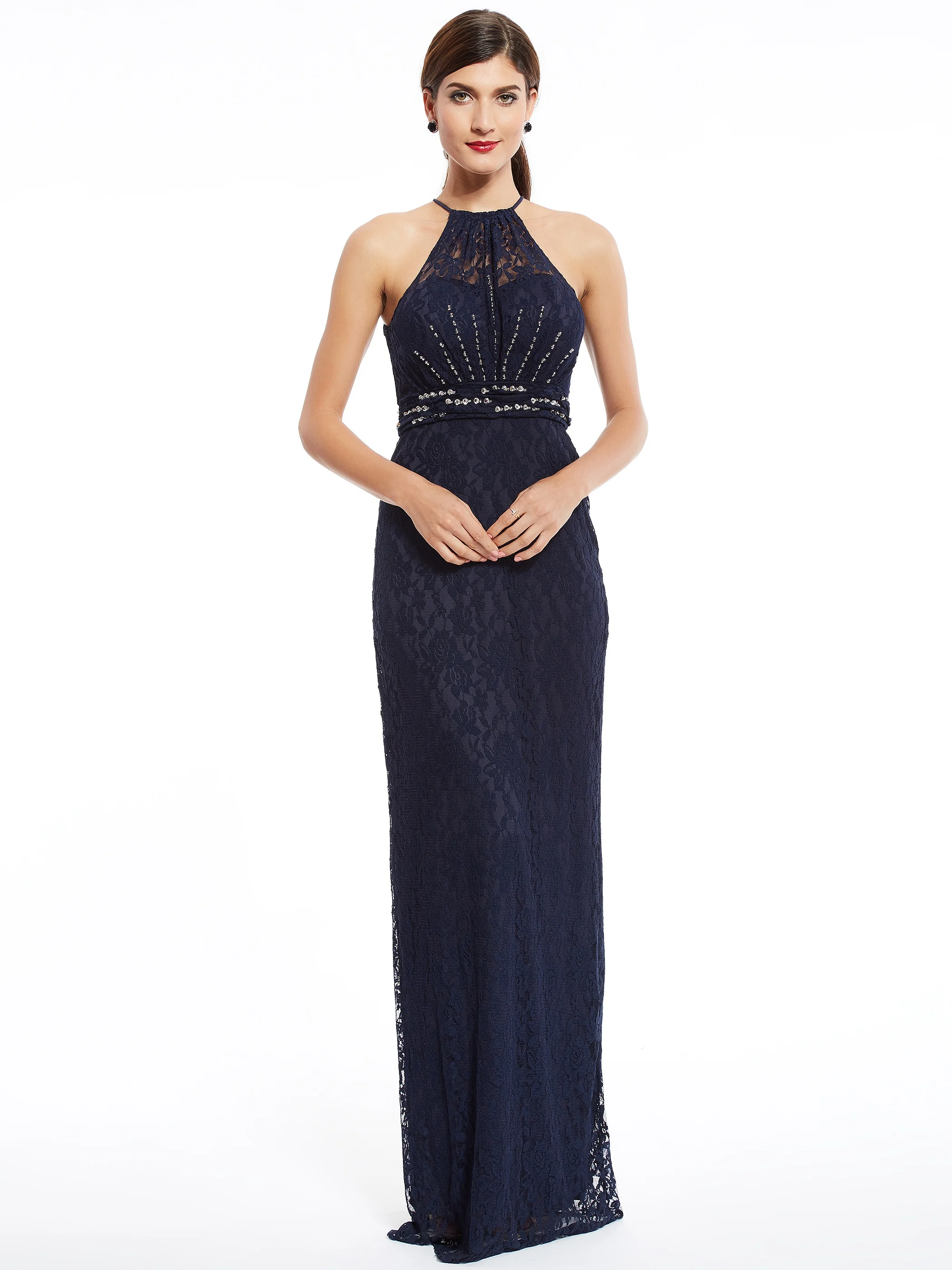 

Tanpell Halter Evening Dress Sexy Black Sleeveless A Line Floor Length Dresses Dark Navy Beaded Lace Long Straight Evening Dress