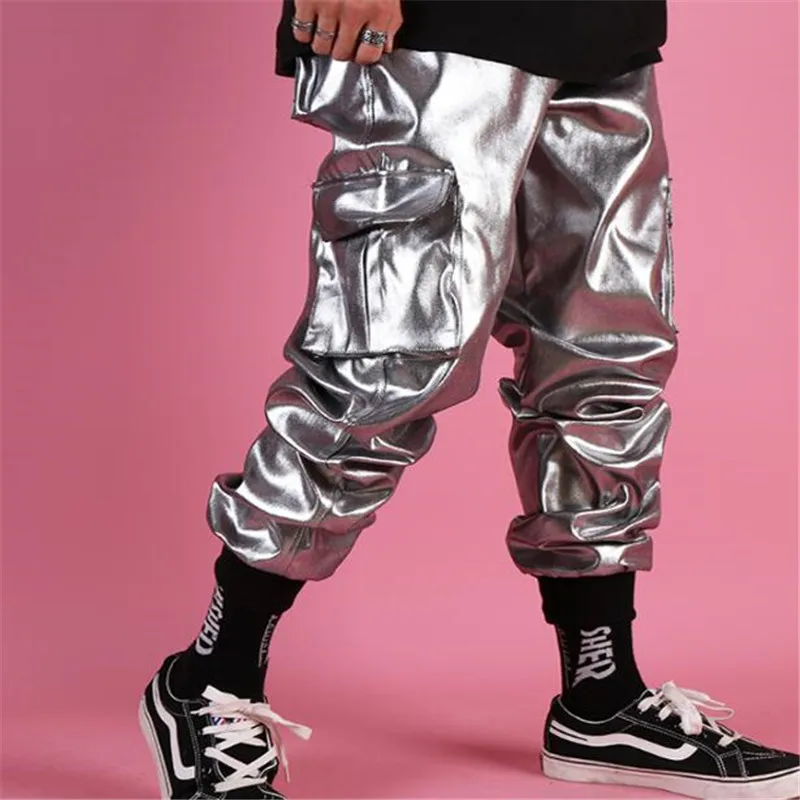 Мужские повседневные кожаные шаровары уличные Серебристые брюки-карго с