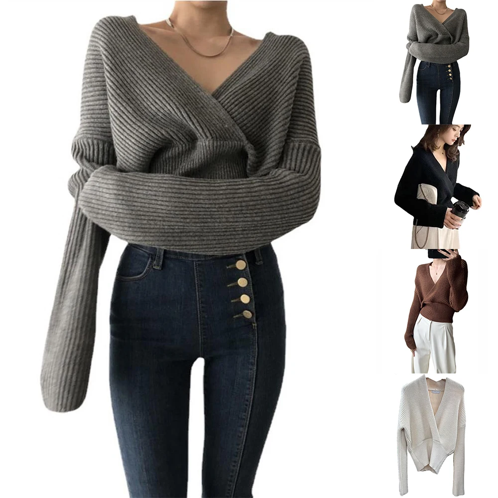 

Женский трикотажный свитер с V-образным вырезом, с длинным рукавом