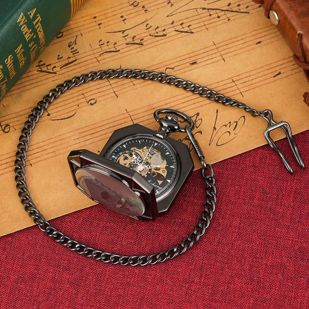 Vintage Octagonal Mechanical Hand Wind Pocket Watch Skeleton Dial Pendant Watch Fob Chain Clock Hours Men Women Gifts Relgio