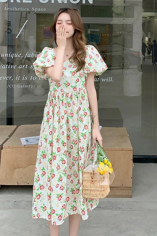 

COIGARSAM French Style Loose Women dress New Summer Puff Sleeve Square Collar Dresses Design And Color C3702