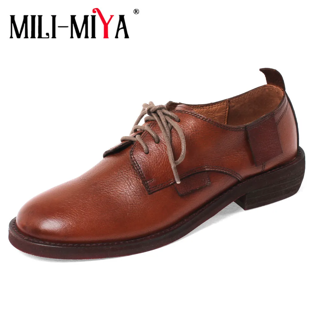 

MILI-MIYA New Women Lace Up Pumps Black Brown Spring Autumn Genuine Leather Basic Thick Heels Square Toe Classics Casual Shoes