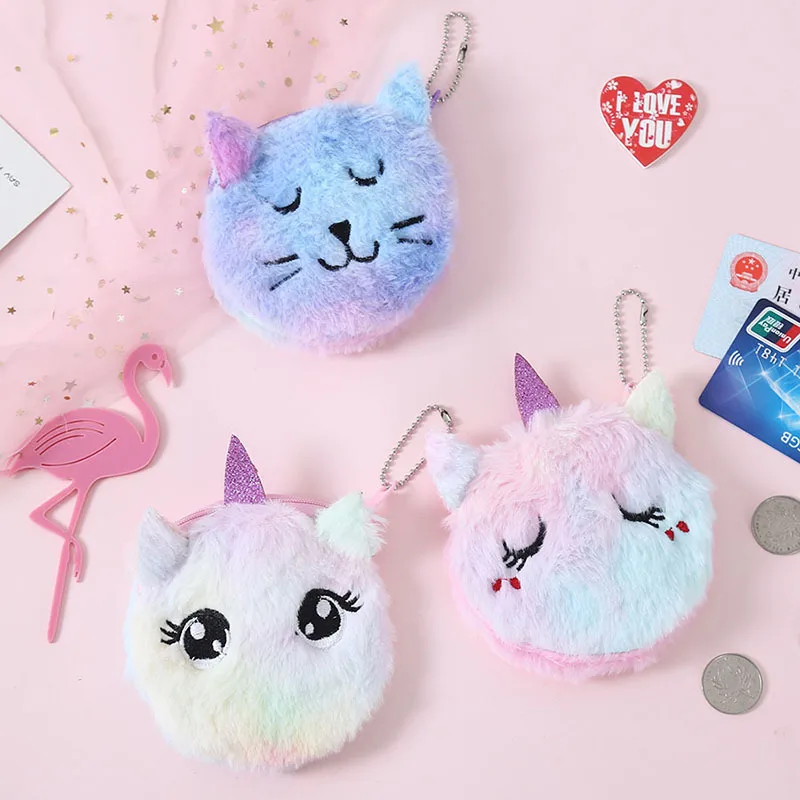 

Women Unicorn Ranibow Fur Mini Keychain Wallet Girl Cartoon Plush Keyring Coin Purse Cute Small Card Holder Soft Earphone Bag