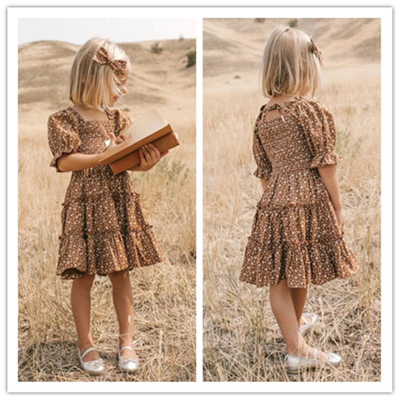 

Girls Dress Girls Travel Skirt Puff Sleeve Flora Pattern Smocked Ball Gown Kids Birthday Beach Holiday Party Children Clothing