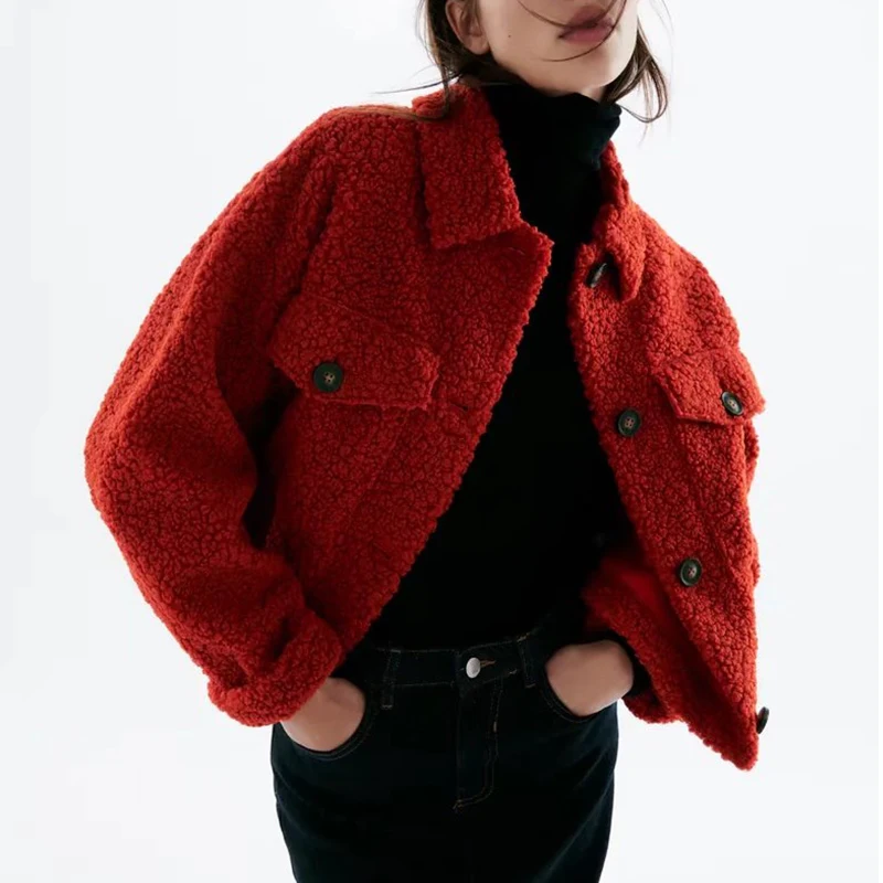 

ZA Lamb Wool Autumn Winter Coat Women Jacket Fleece 2021 Solid Turn Down Collar Warm Jackets Overcoat Single Breasted Outwear