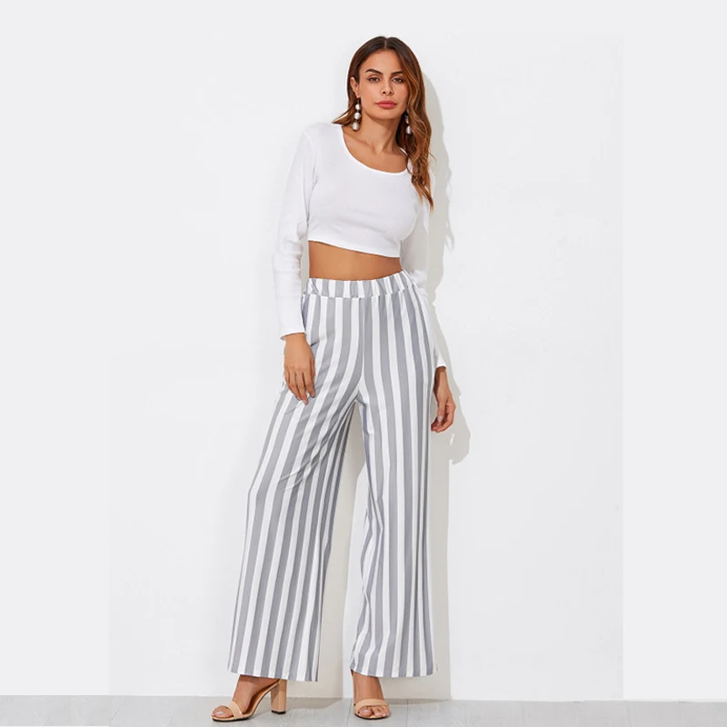 

Spring Wide Leg Loose Pants Women Striped Vertical Lines Print Trousers Female Work Clothes Elegant Vintage Bottoms Office Chic