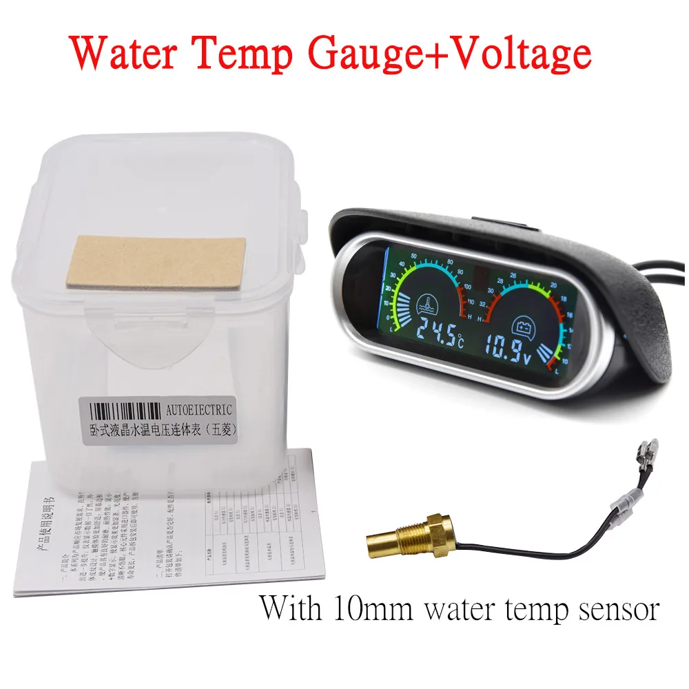 

Автомобильный горизонтальный измеритель температуры воды 2 в 1, 12 В/24 В, с ЖК-дисплеем, вольтметр, измерители напряжения с датчиком температуры