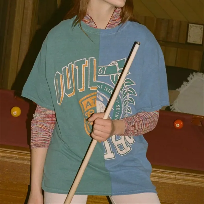 

Женская футболка с коротким рукавом, Винтажная Футболка с принтом букв и цветными блоками, уличная мода, топы с графическим принтом, США, лет...