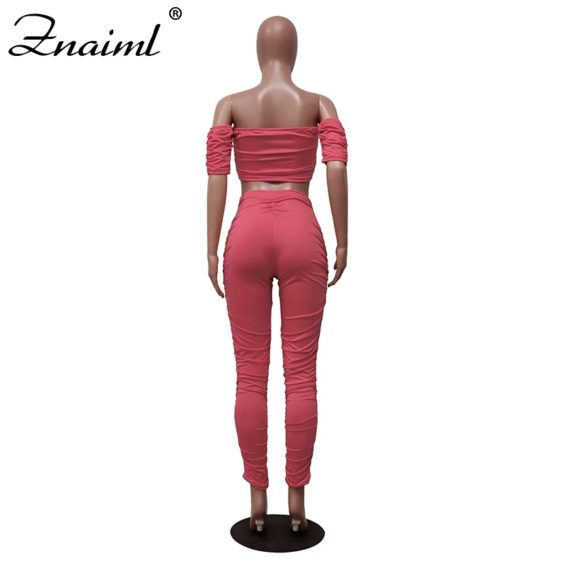 

Znaiml Slash Neck Ruffles Solid Sexy 2 Piece Set Women Clothes Off Shoulder Backless Long Sleeve Crop Top Shorts Ropa De Mujer