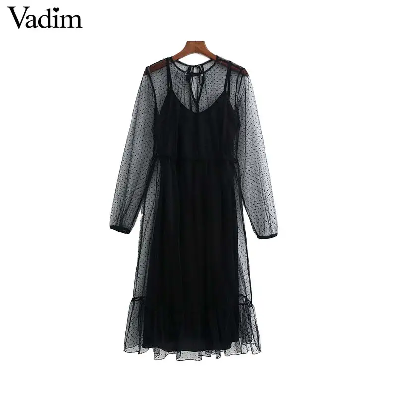 Vadim женское шикарное Сетчатое платье миди в горошек с длинным рукавом и круглым