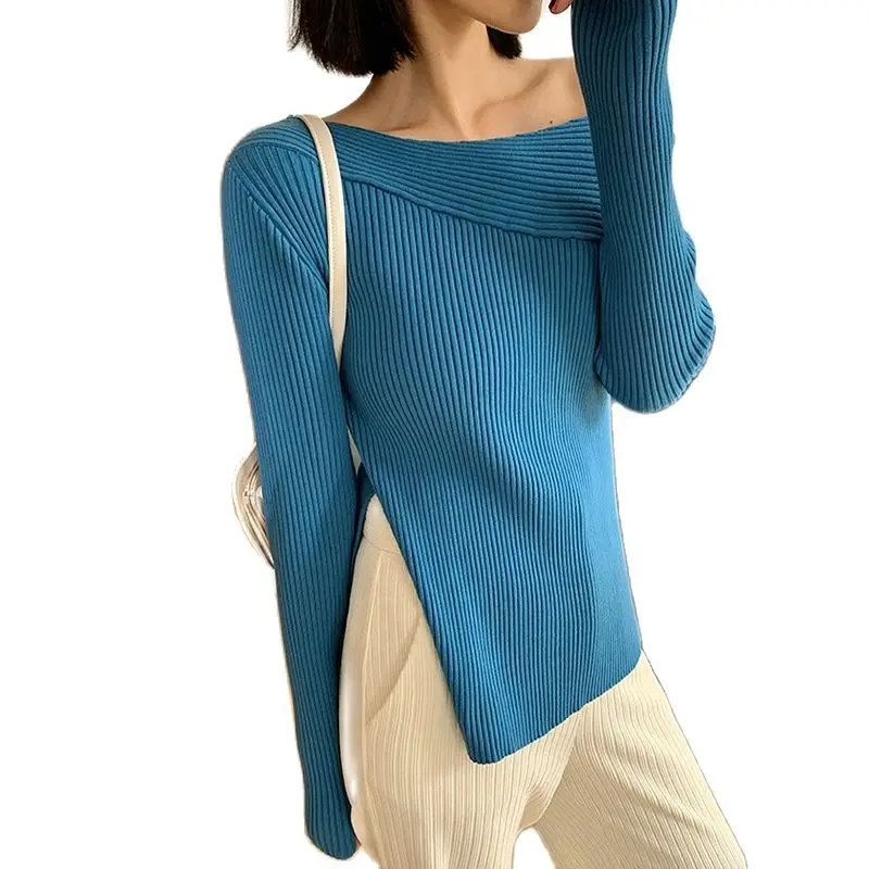 

Slash Neck Twill Knitted Sweater Pullover Women Korean Fashion Split Fork Jumper Mujer Blusa De Frio Feminina Sweaters Female