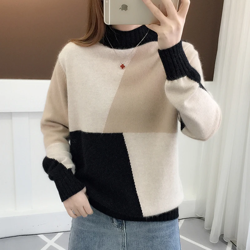 

Женский свитер в стиле пэчворк, Теплый Зимний вязаный джемпер-водолазка, повседневный свободный свитер в Корейском стиле, Прямая поставка